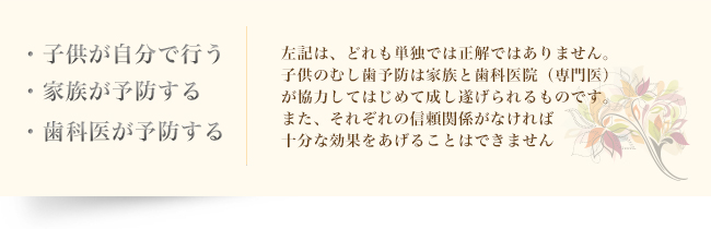 ・子供が自分で行う
・家族が予防する
・歯科医が予防する
左記は、どれも単独では正解ではありません。子供のむし歯予防は家族と歯科医院（専門医）が協力してはじめて成し遂げられるものです。また、それぞれの信頼関係がなければ十分な効果をあげることはできません